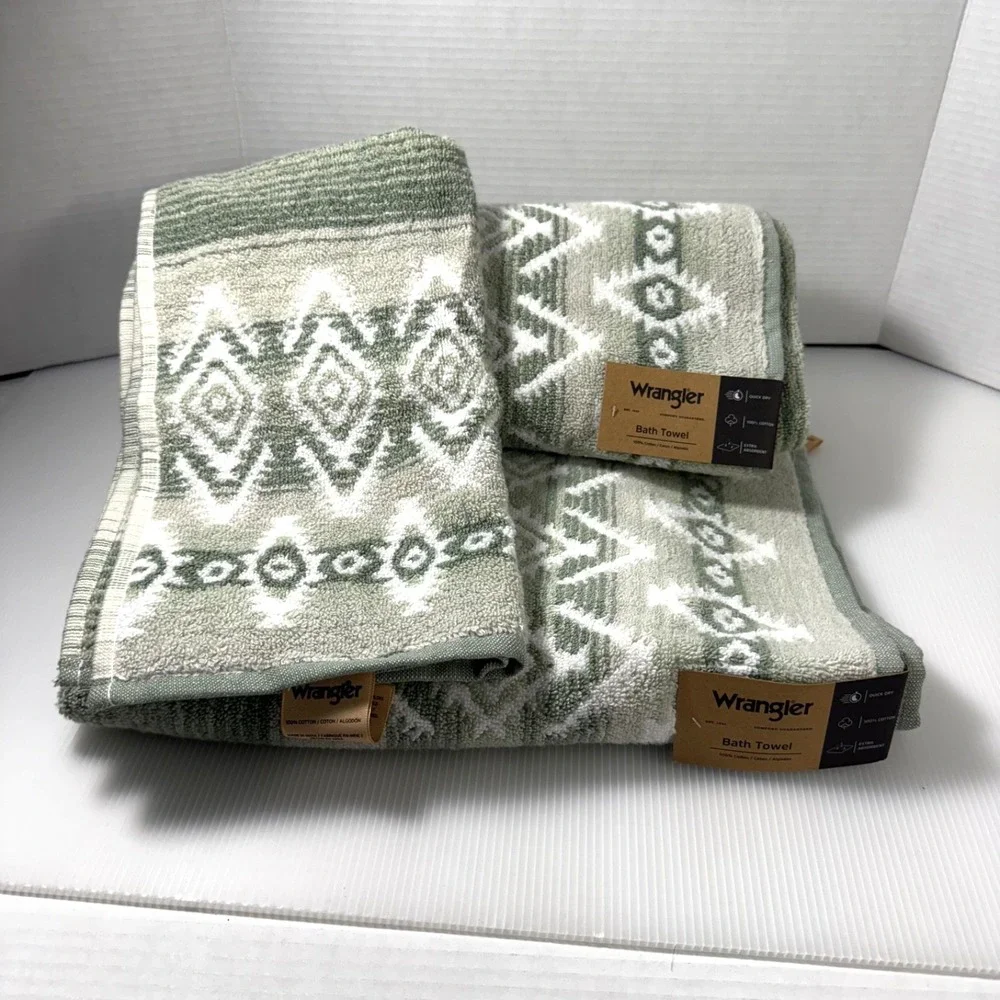 Wrangler 2 Bath Towels And Hand Towel Set, NWT Jericho Green Aztec Western
